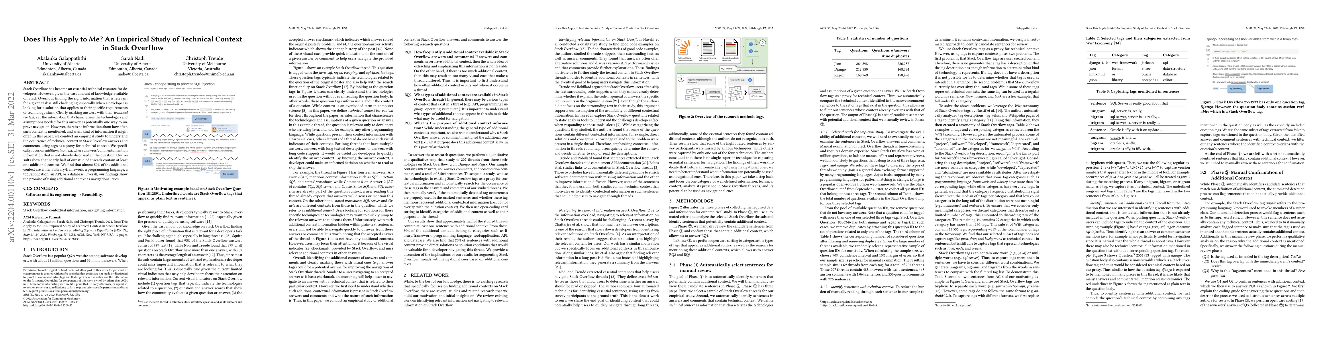 Thumbnail for Does This Apply to Me? An Empirical Study of Technical Context in Stack
  Overflow