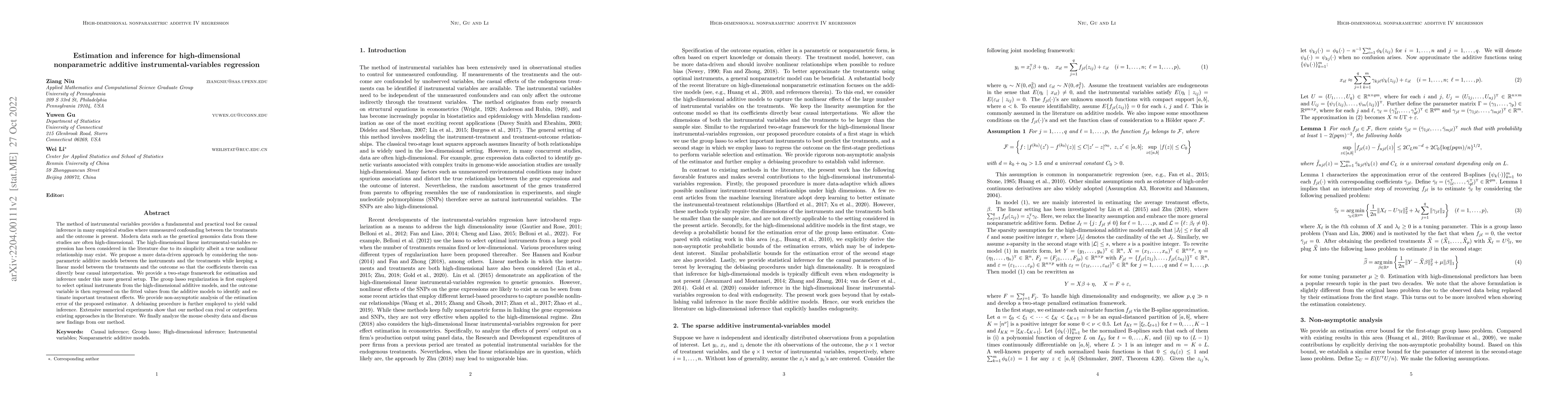 Thumbnail for Estimation and inference for high-dimensional nonparametric additive
  instrumental-variables regression