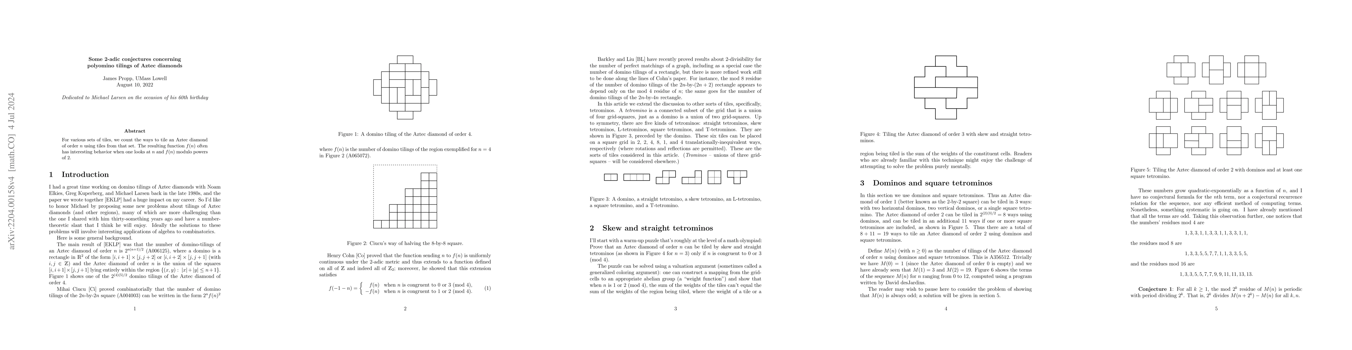 Thumbnail for Some 2-adic conjectures concerning polyomino tilings of Aztec diamonds