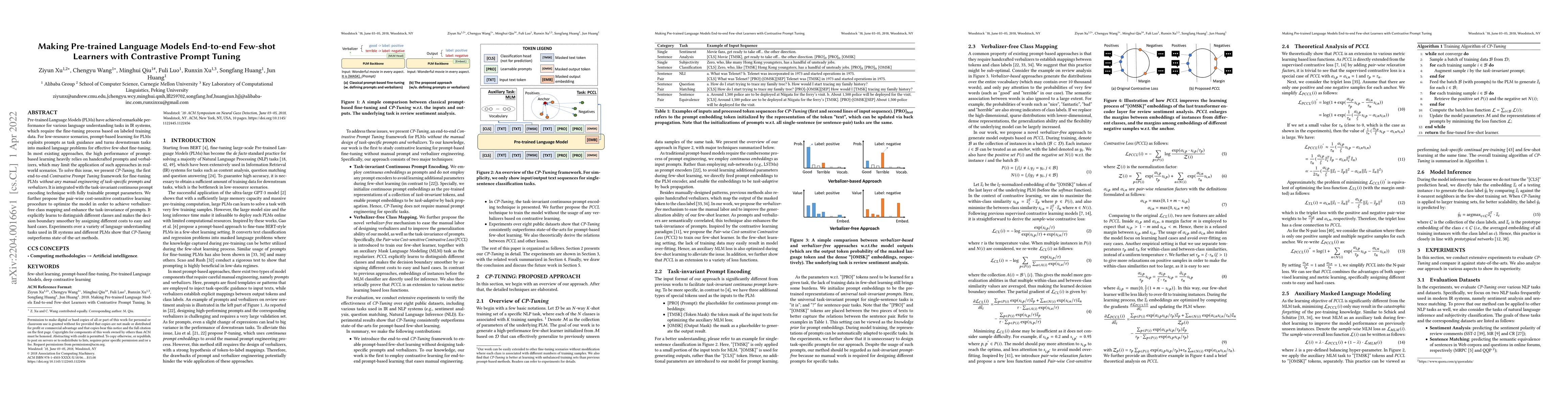 Thumbnail for Making Pre-trained Language Models End-to-end Few-shot Learners with
  Contrastive Prompt Tuning