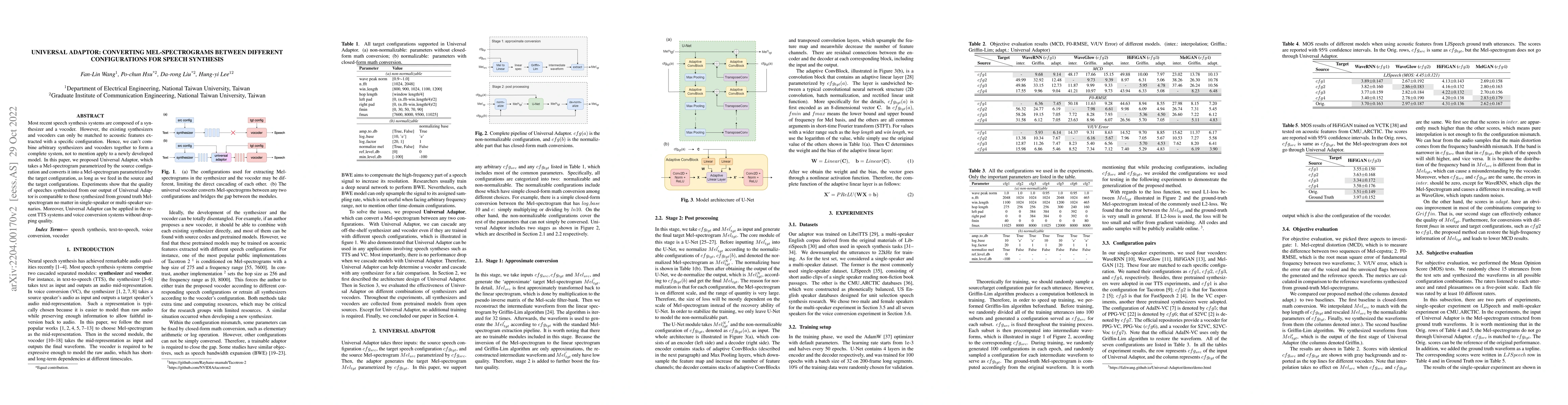 Thumbnail for Universal Adaptor: Converting Mel-Spectrograms Between Different
  Configurations for Speech Synthesis
