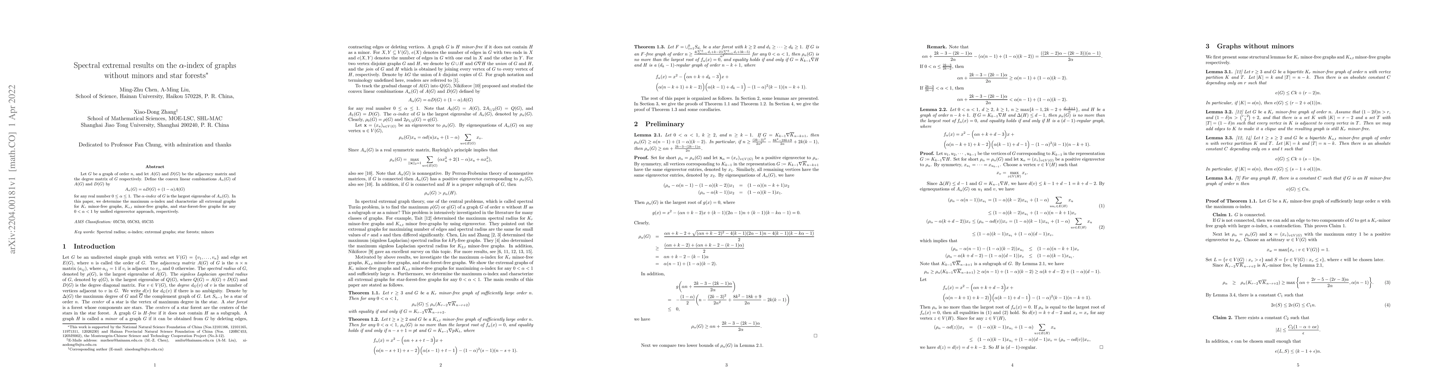 Thumbnail for Spectral extremal results on the $\alpha$-index of graphs without minors
  and star forests