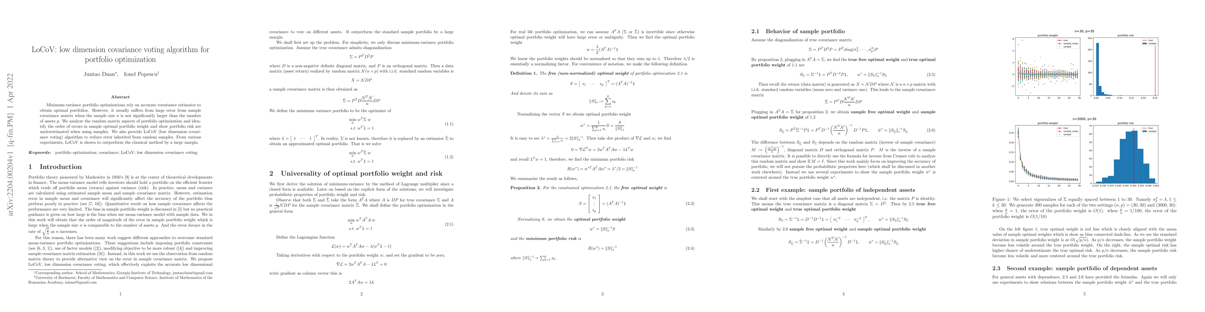 Thumbnail for LoCoV: low dimension covariance voting algorithm for portfolio
  optimization
