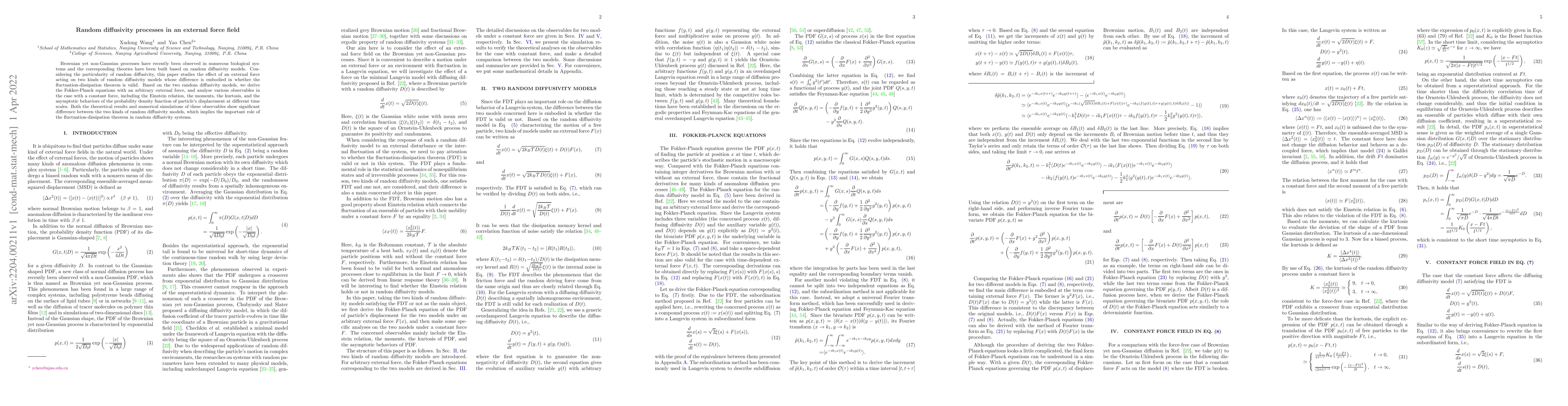 Thumbnail for Random diffusivity processes in an external force field