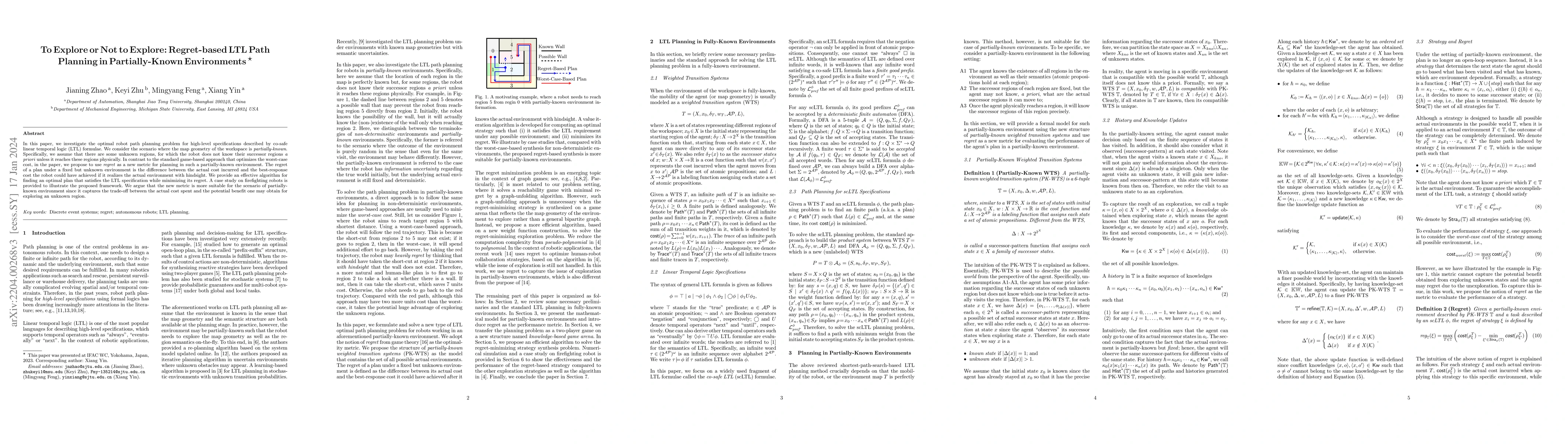 Thumbnail for To Explore or Not to Explore: Regret-Based LTL Planning in
  Partially-Known Environments