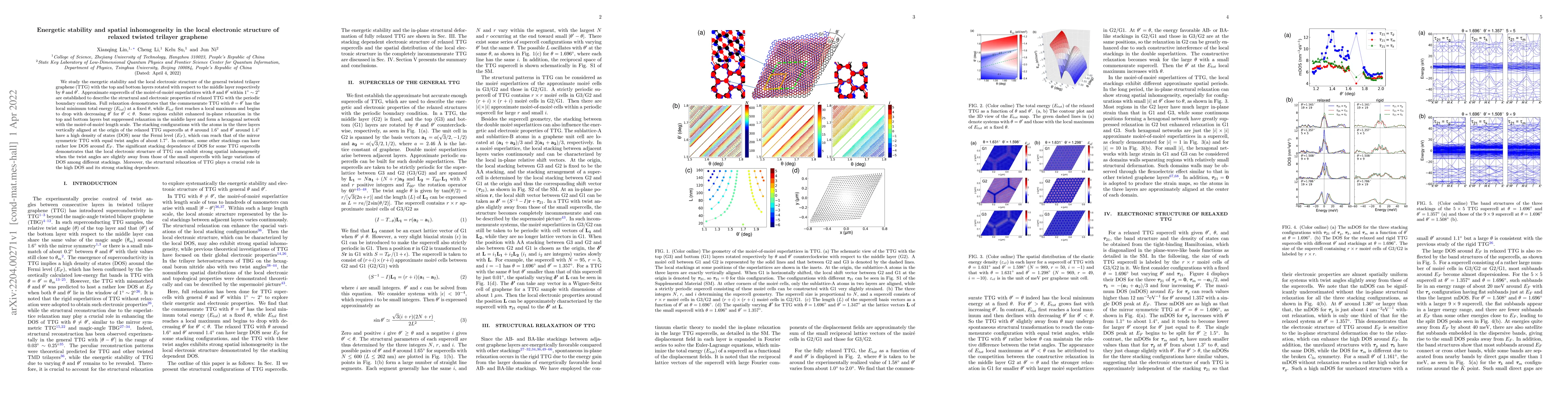 Thumbnail for Energetic stability and spatial inhomogeneity in the local electronic
  structure of relaxed twisted trilayer graphene
