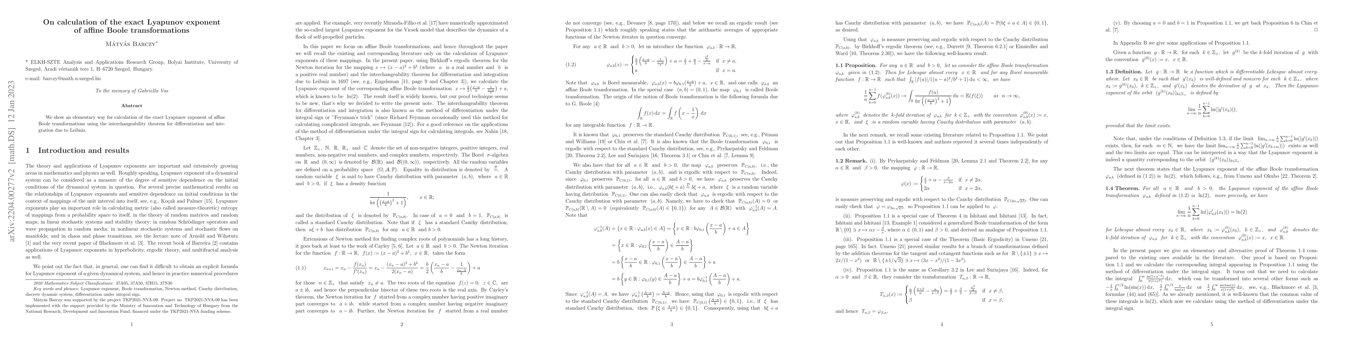 Thumbnail for On calculation of the exact Lyapunov exponent of affine Boole
  transformations