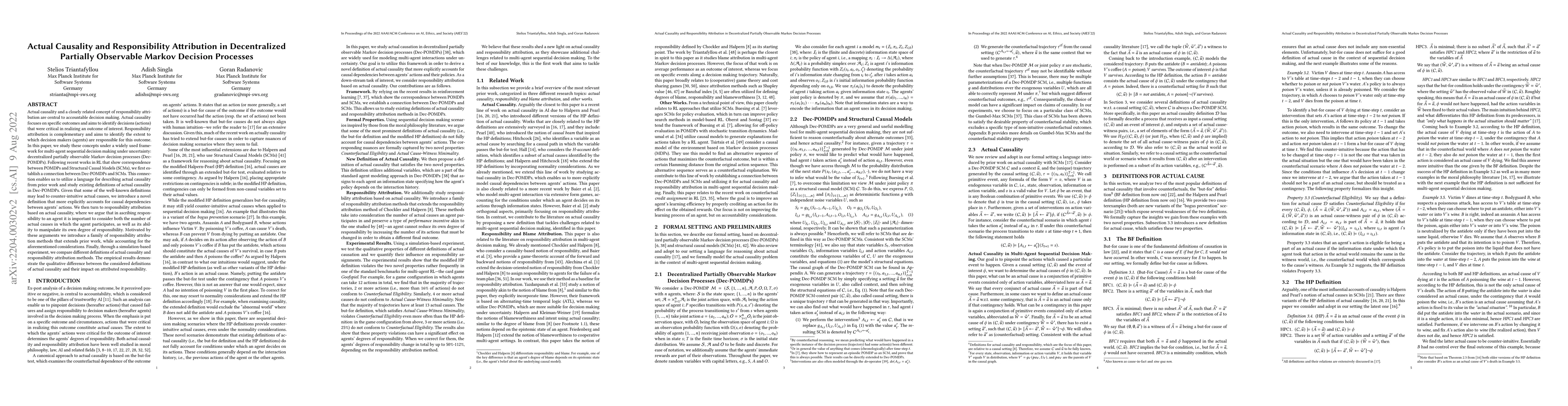 Thumbnail for Actual Causality and Responsibility Attribution in Decentralized
  Partially Observable Markov Decision Processes
