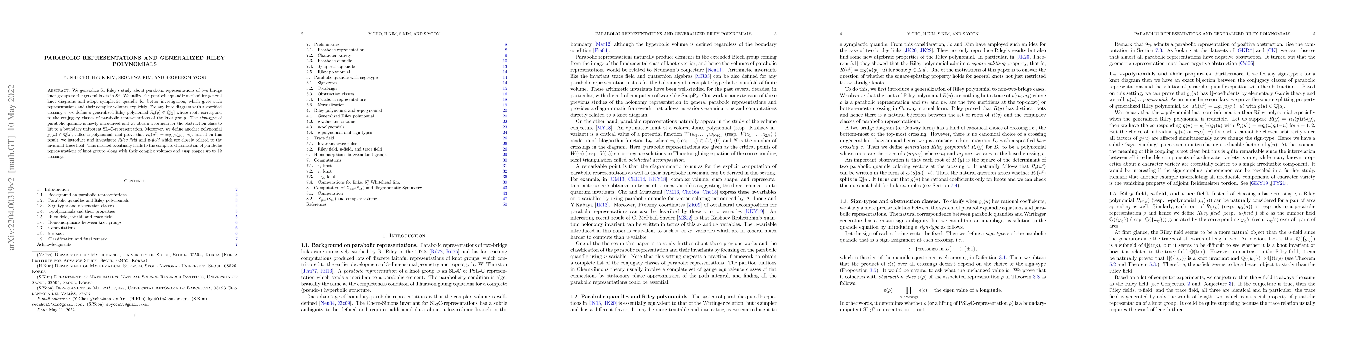 Thumbnail for Parabolic representations and generalized Riley polynomials