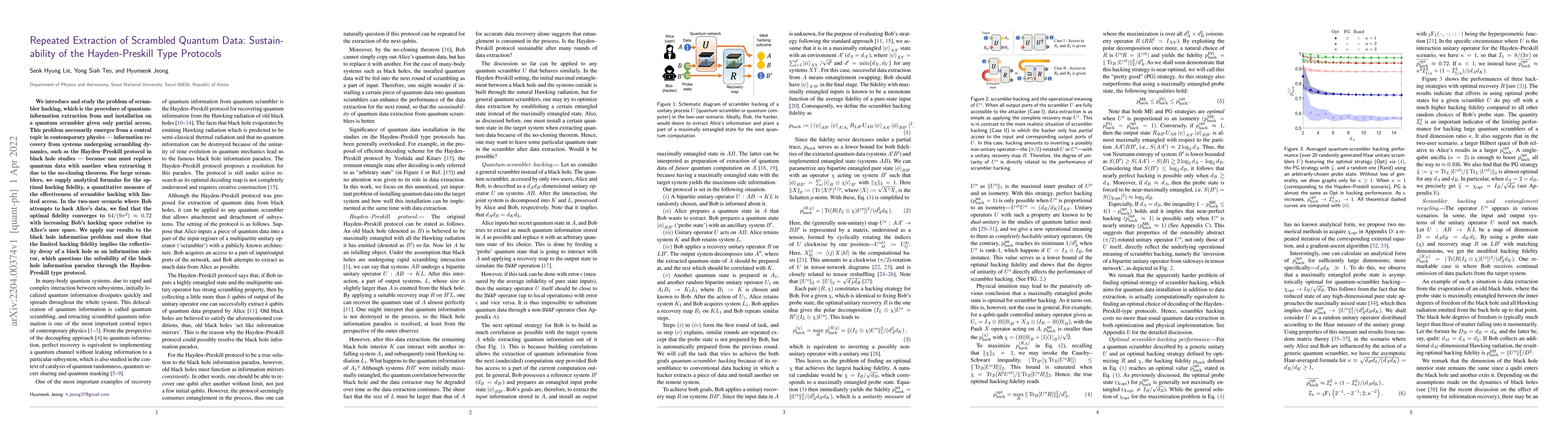 Thumbnail for Repeated Extraction of Scrambled Quantum Data: Sustainability of the
  Hayden-Preskill Type Protocols