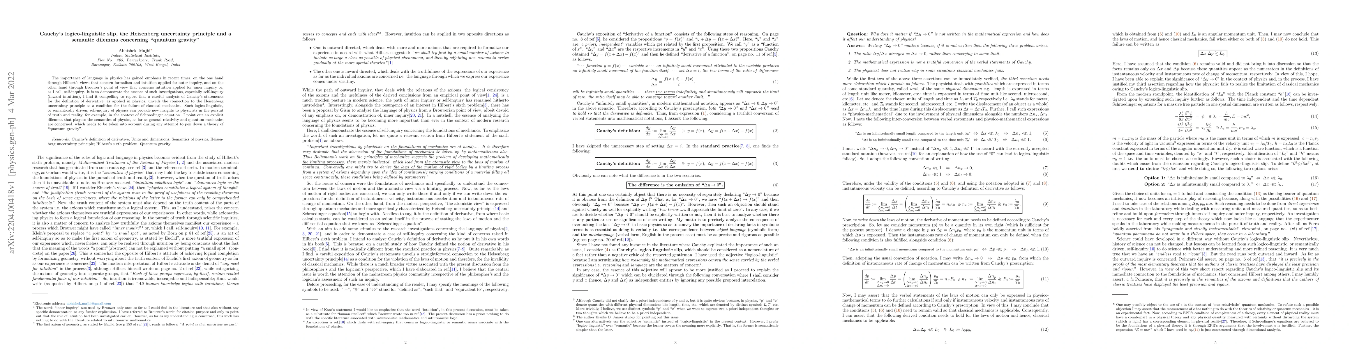 Thumbnail for Cauchy's Logico-Linguistic Slip, the Heisenberg Uncertainty Principle
  and a Semantic Dilemma Concerning "Quantum Gravity"