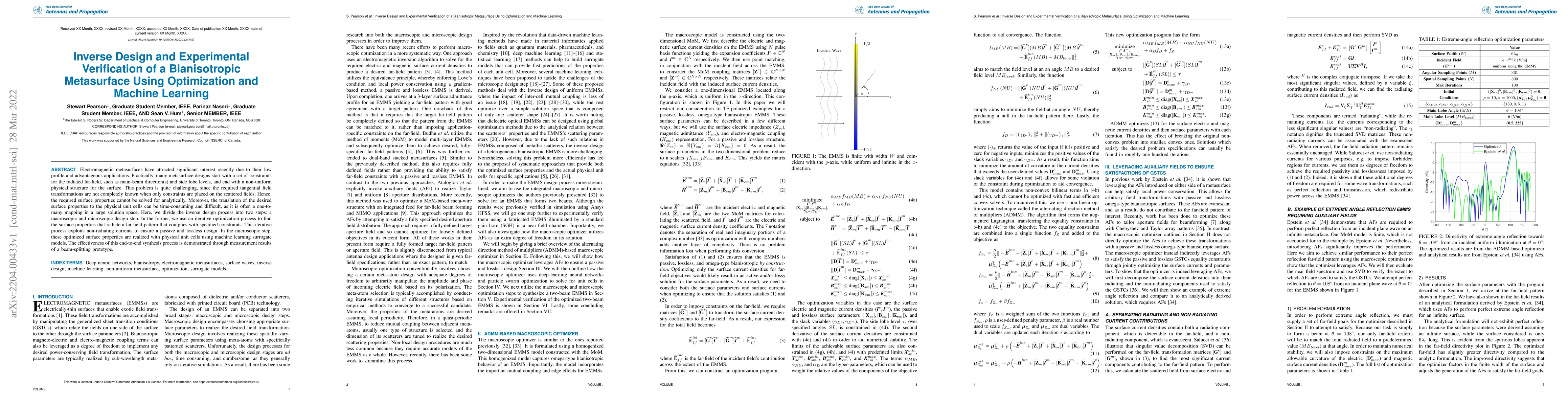 Thumbnail for Inverse Design and Experimental Verification of a Bianisotropic
  Metasurface Using Optimization and Machine Learning