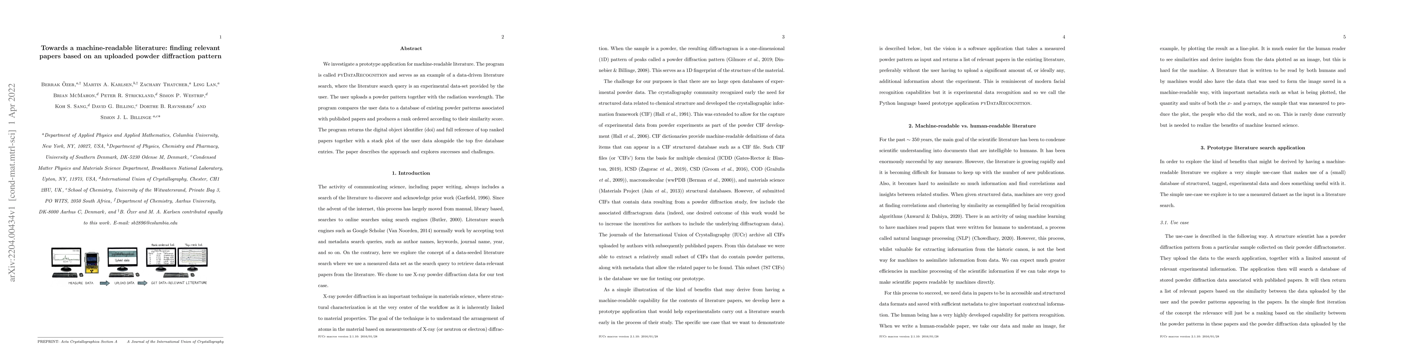 Thumbnail for Towards a machine-readable literature: finding relevant papers based on
  an uploaded powder diffraction pattern