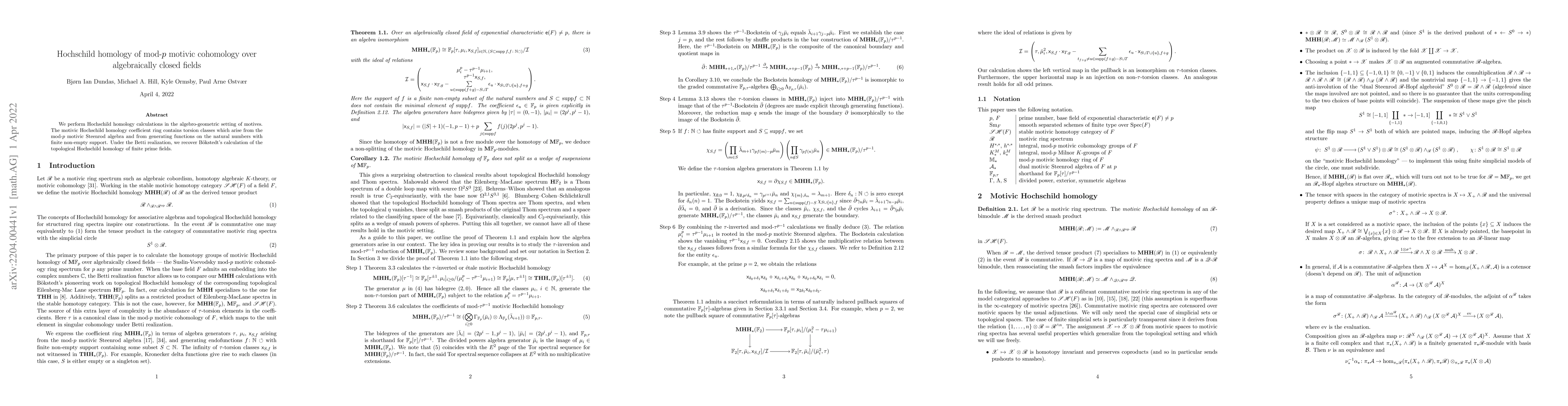 Thumbnail for Hochschild homology of mod-$p$ motivic cohomology over algebraically
  closed fields