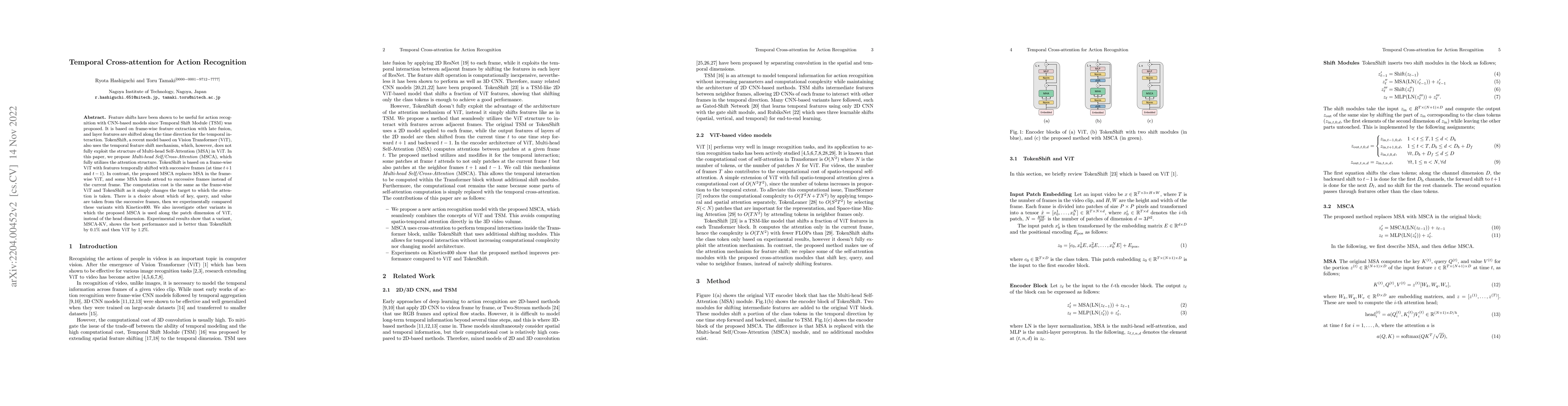 Thumbnail for Vision Transformer with Cross-attention by Temporal Shift for Efficient
  Action Recognition