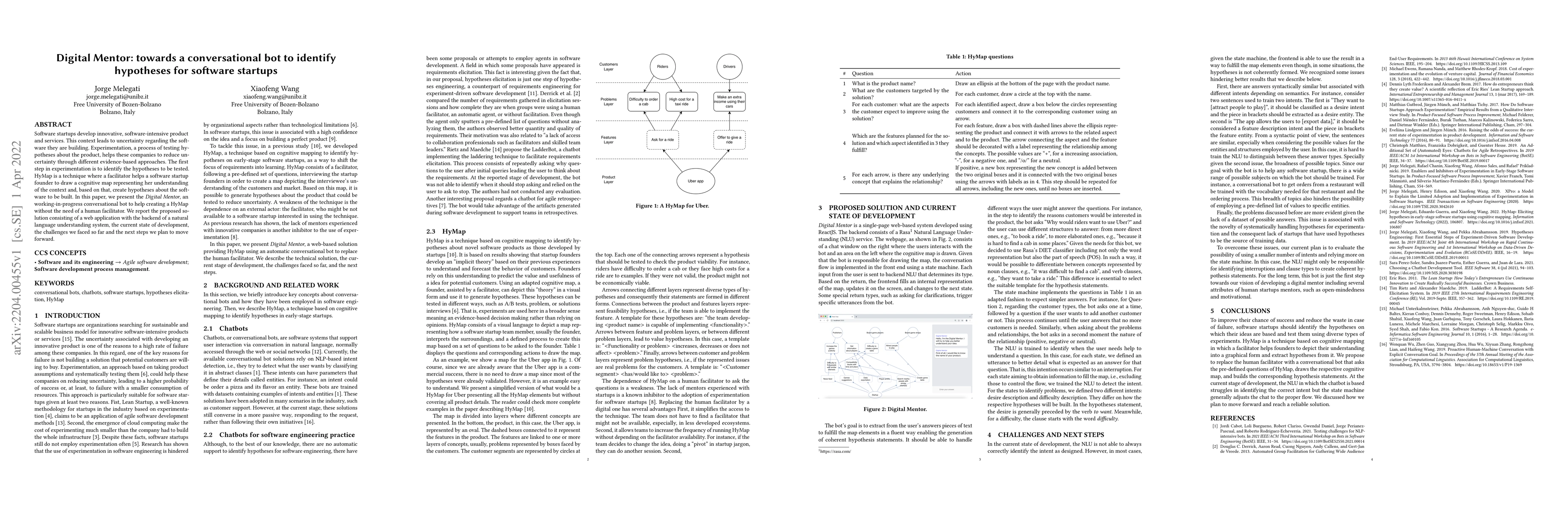 Thumbnail for Digital Mentor: towards a conversational bot to identify hypotheses for
  software startups