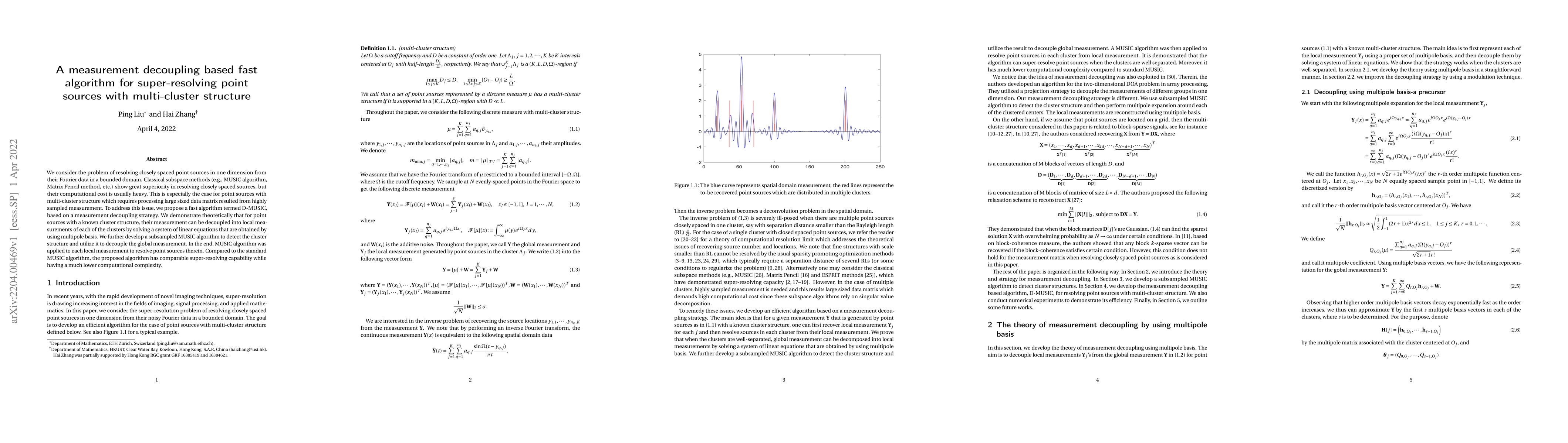 Thumbnail for A measurement decoupling based fast algorithm for super-resolving point
  sources with multi-cluster structure