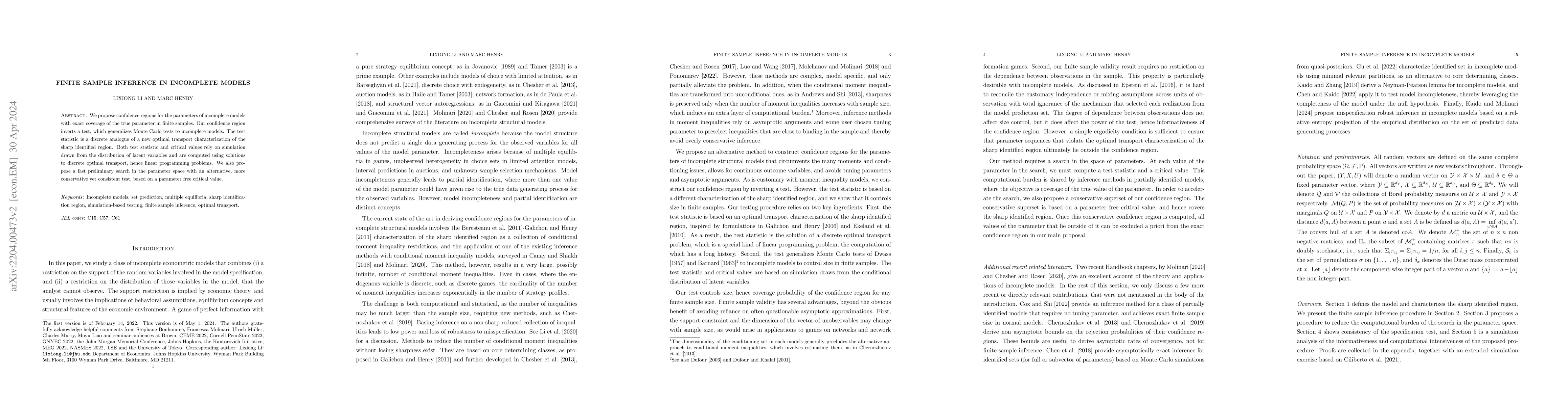 Thumbnail for Finite Sample Inference in Incomplete Models