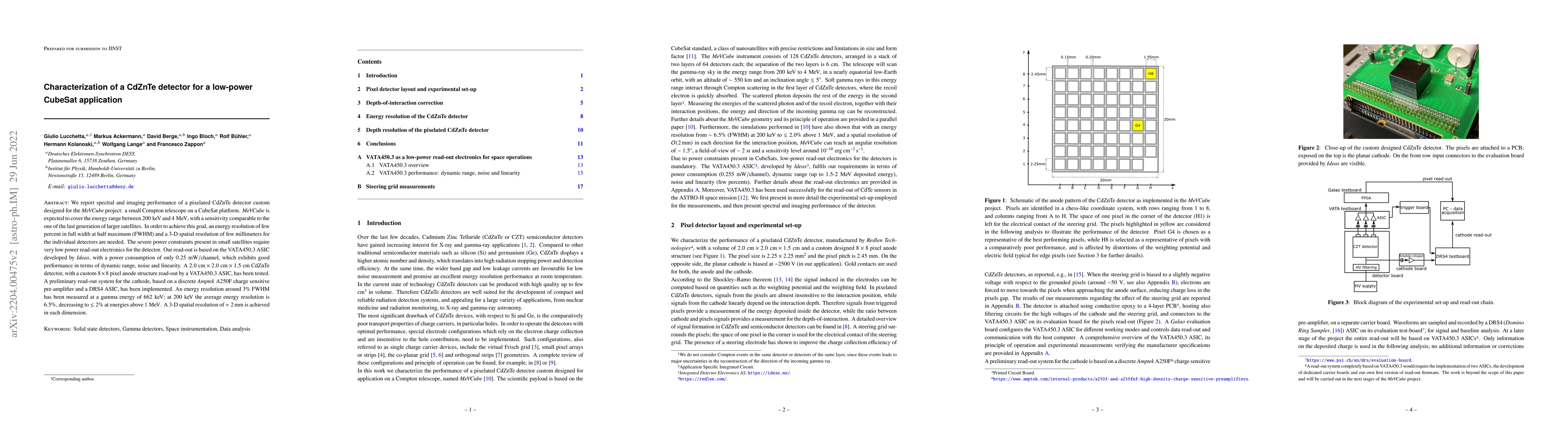 Thumbnail for Characterization of a CdZnTe detector for a low-power CubeSat
  application