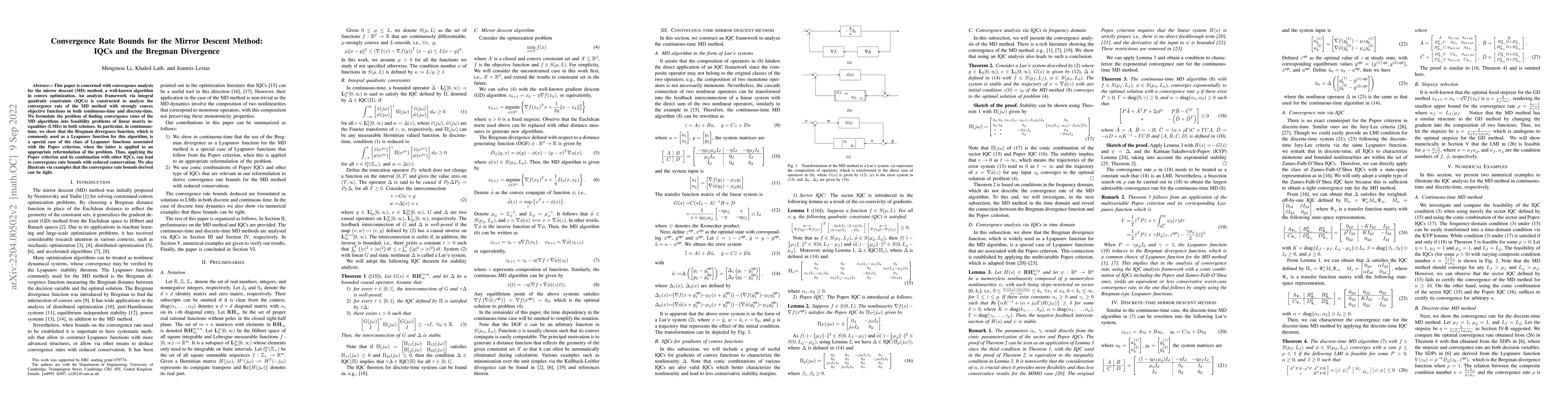 Thumbnail for Convergence Rate Bounds for the Mirror Descent Method: IQCs and the
  Bregman Divergence