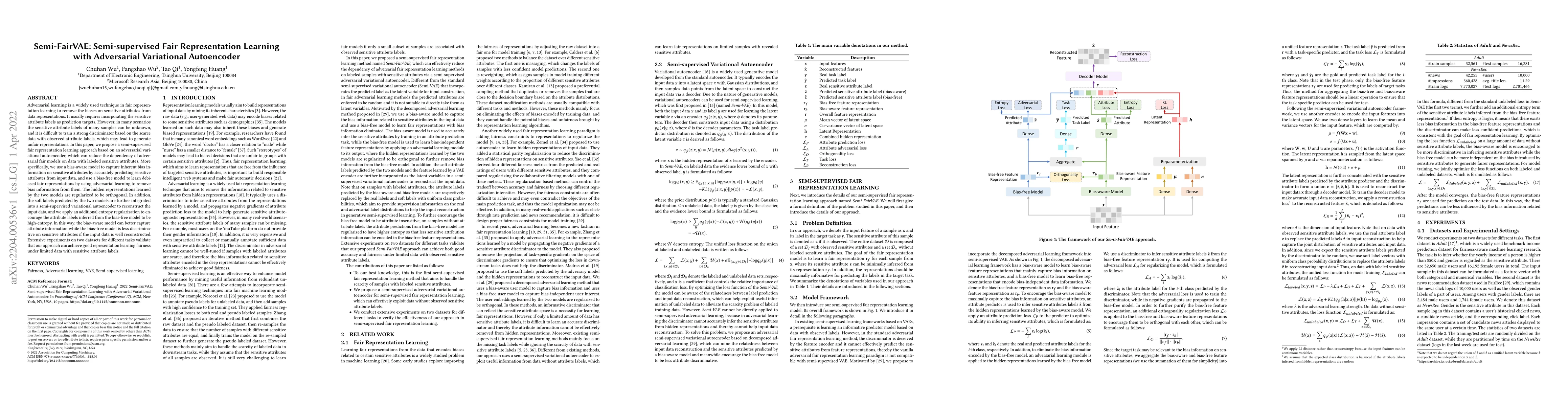 Thumbnail for Semi-FairVAE: Semi-supervised Fair Representation Learning with
  Adversarial Variational Autoencoder