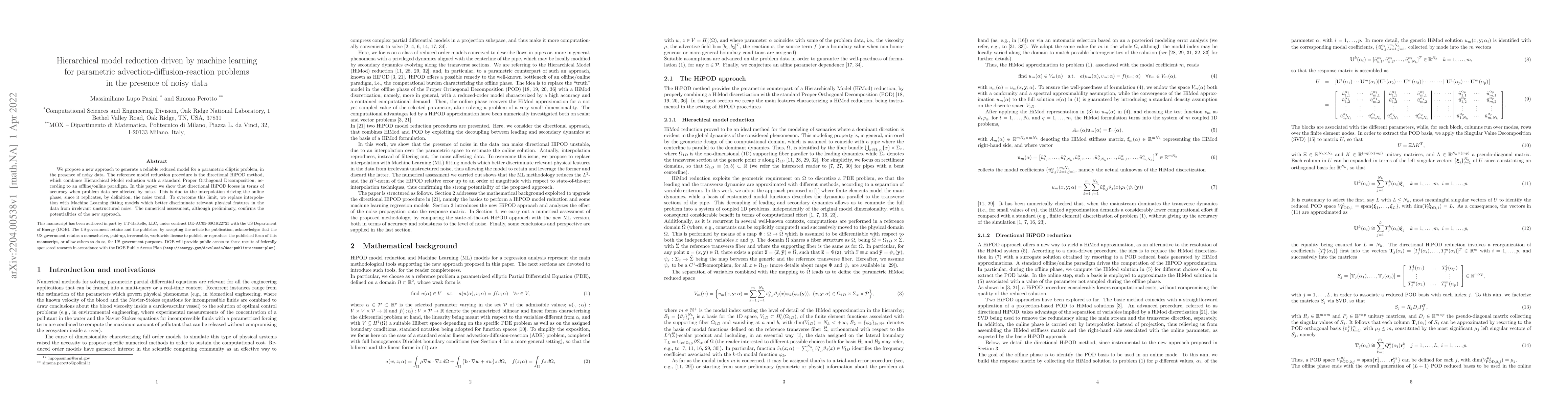 Thumbnail for Hierarchical model reduction driven by machine learning for parametric
  advection-diffusion-reaction problems in the presence of noisy data