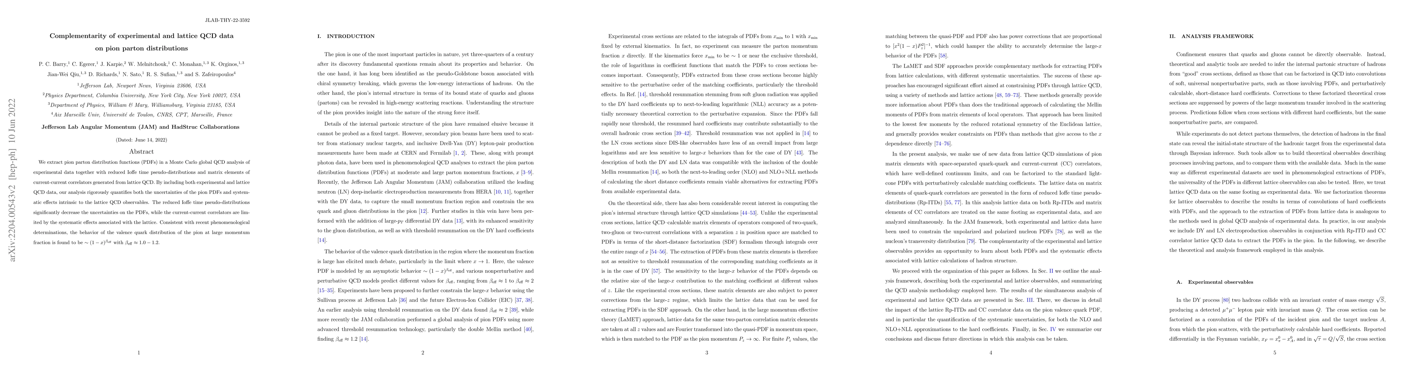 Thumbnail for Complementarity of experimental and lattice QCD data on pion parton
  distributions