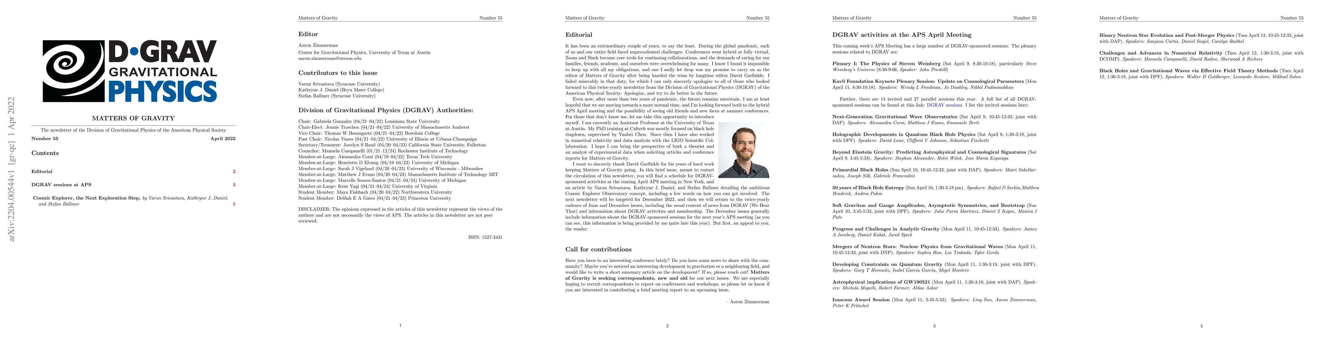 Thumbnail for Matters of Gravity: The Newsletter of the Division of Gravitational
  Physics of the American Physical Society. Number 55. April 2022