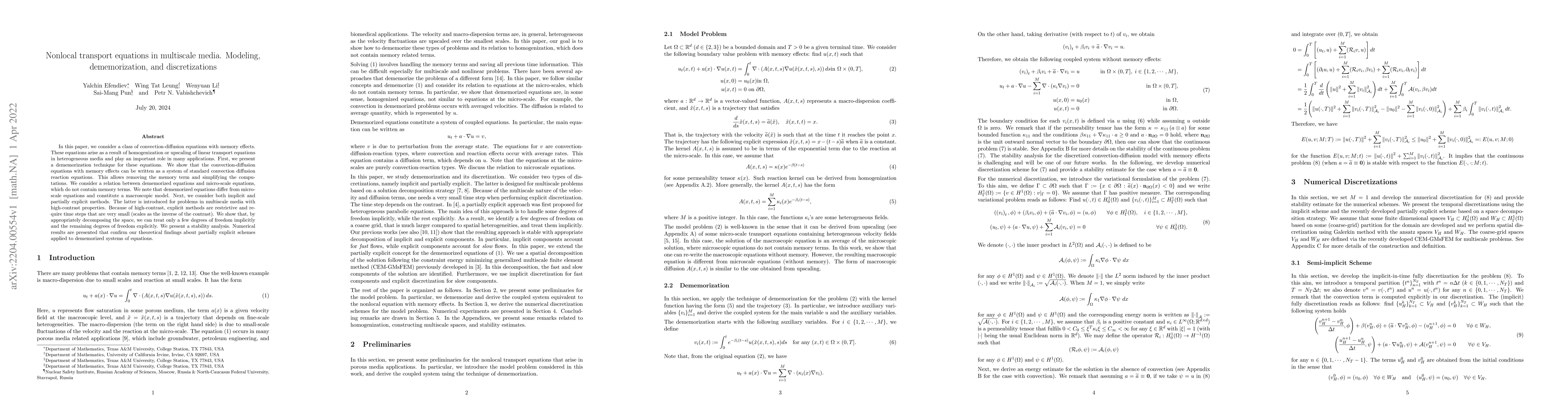 Thumbnail for Nonlocal transport equations in multiscale media. Modeling,
  dememorization, and discretizations