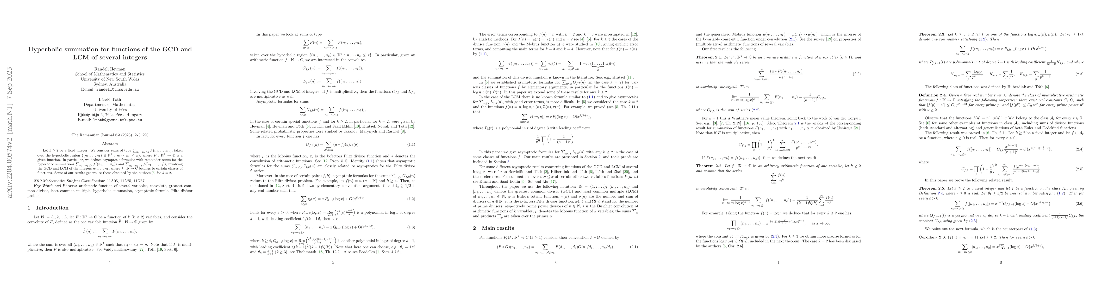 Thumbnail for Hyperbolic summation for functions of the GCD and LCM of several
  integers