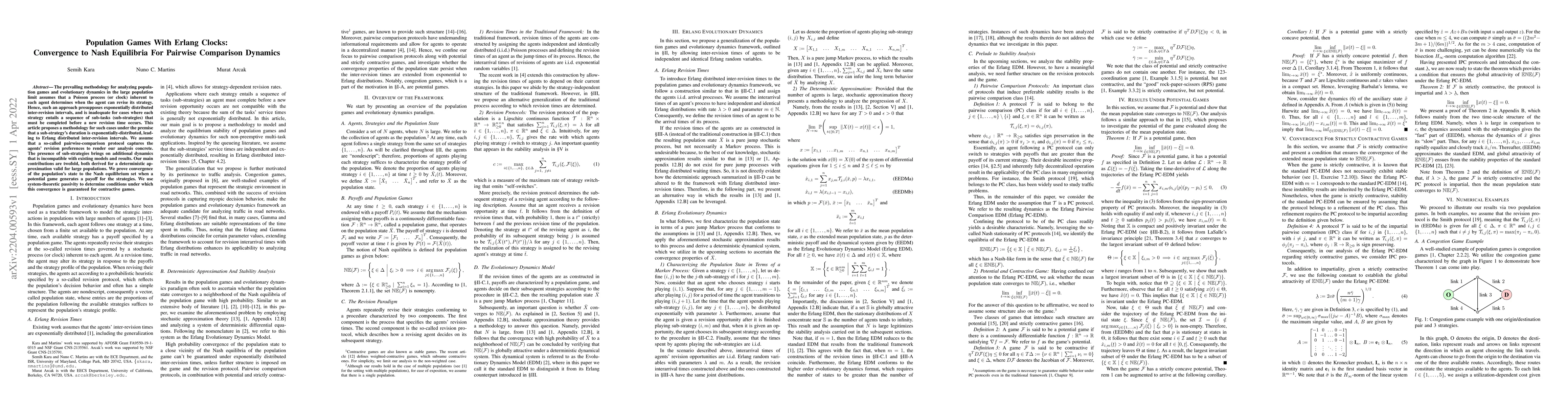 Thumbnail for Population Games With Erlang Clocks: Convergence to Nash Equilibria For
  Pairwise Comparison Dynamics