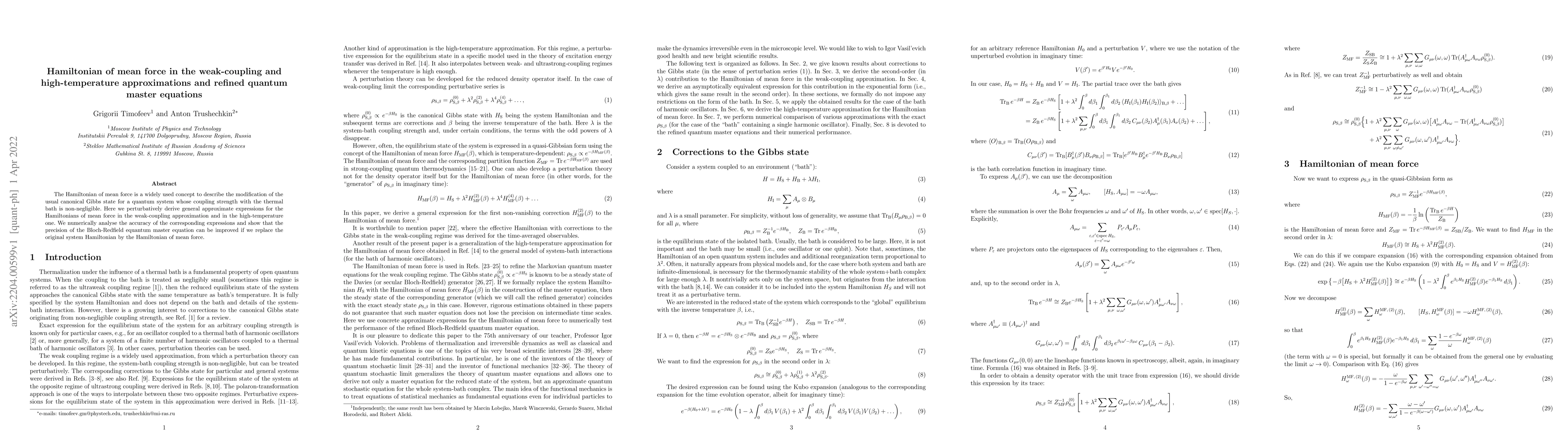 Thumbnail for Hamiltonian of mean force in the weak-coupling and high-temperature
  approximations and refined quantum master equations