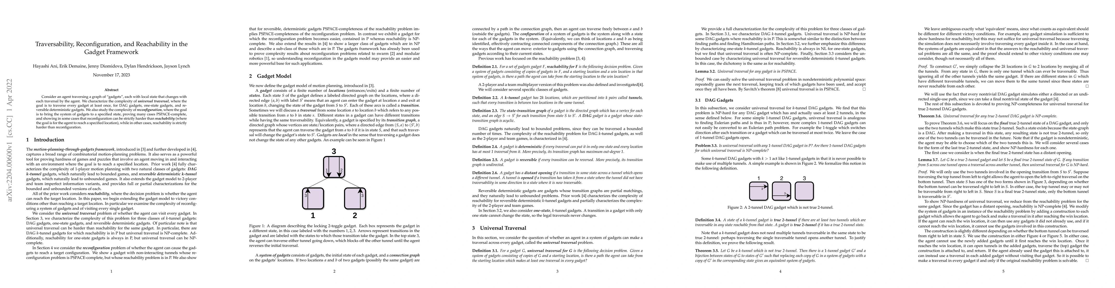 Thumbnail for Traversability, Reconfiguration, and Reachability in the Gadget
  Framework