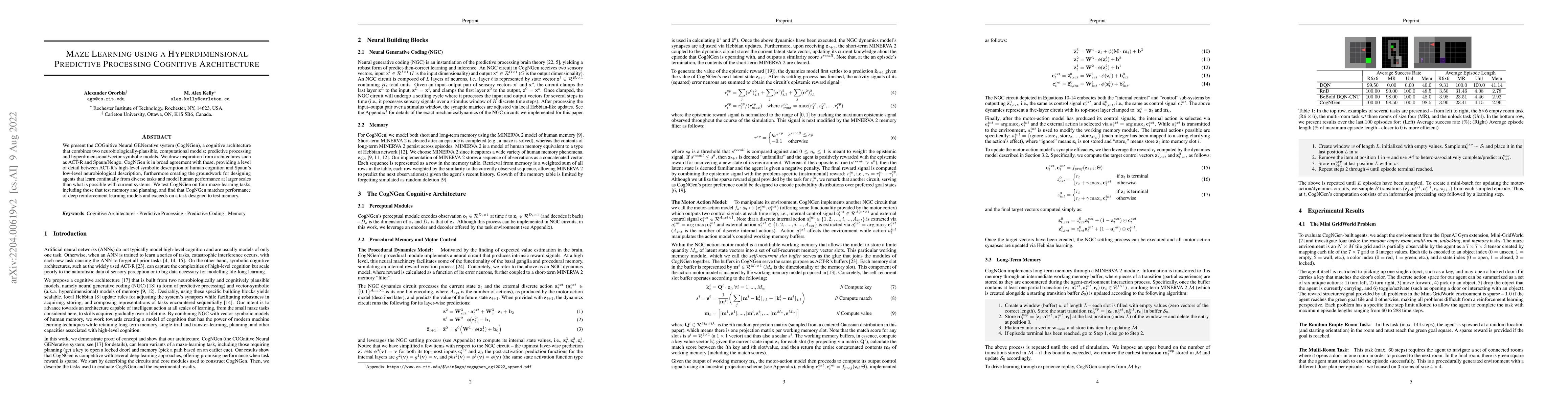 Thumbnail for Maze Learning using a Hyperdimensional Predictive Processing Cognitive
  Architecture