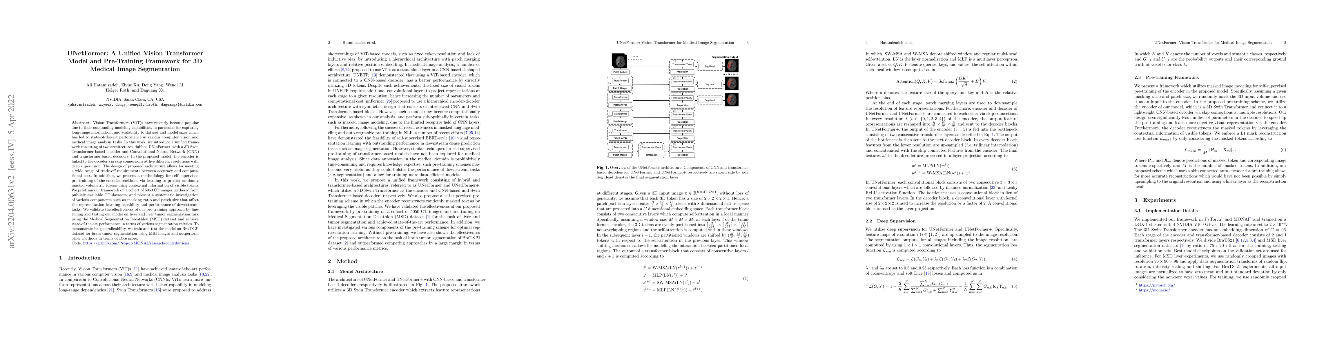 Thumbnail for UNetFormer: A Unified Vision Transformer Model and Pre-Training
  Framework for 3D Medical Image Segmentation