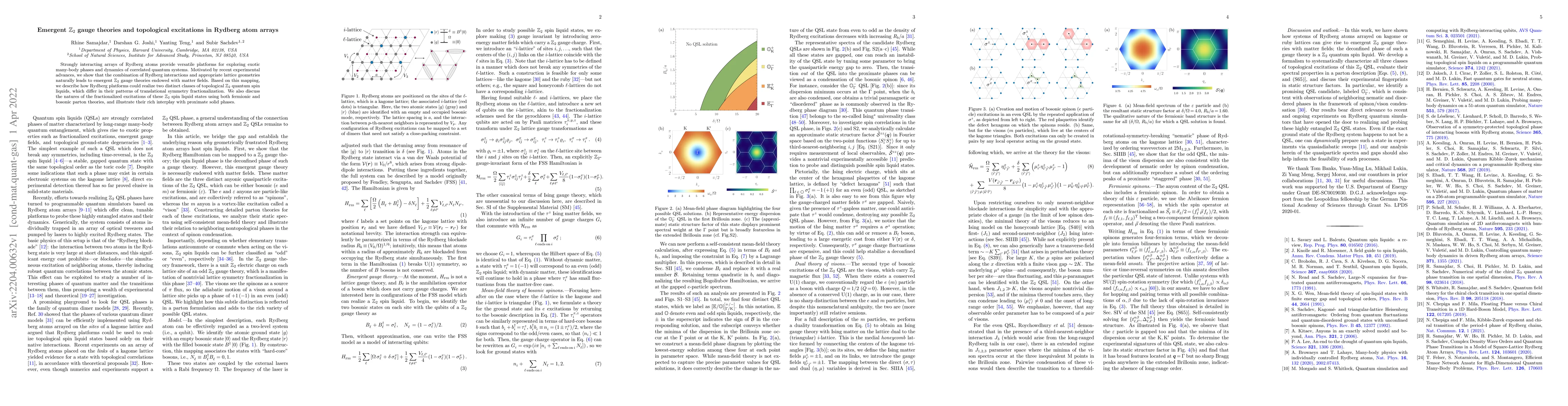 Thumbnail for Emergent $\mathbb{Z}_2$ gauge theories and topological excitations in
  Rydberg atom arrays