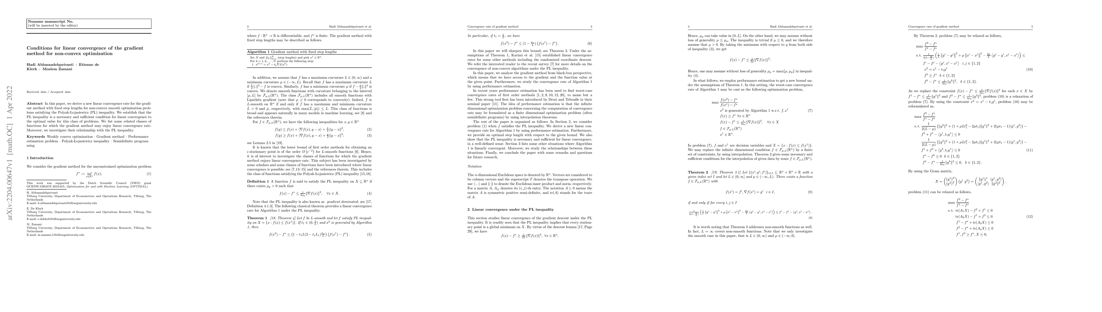 Thumbnail for Conditions for linear convergence of the gradient method for non-convex
  optimization