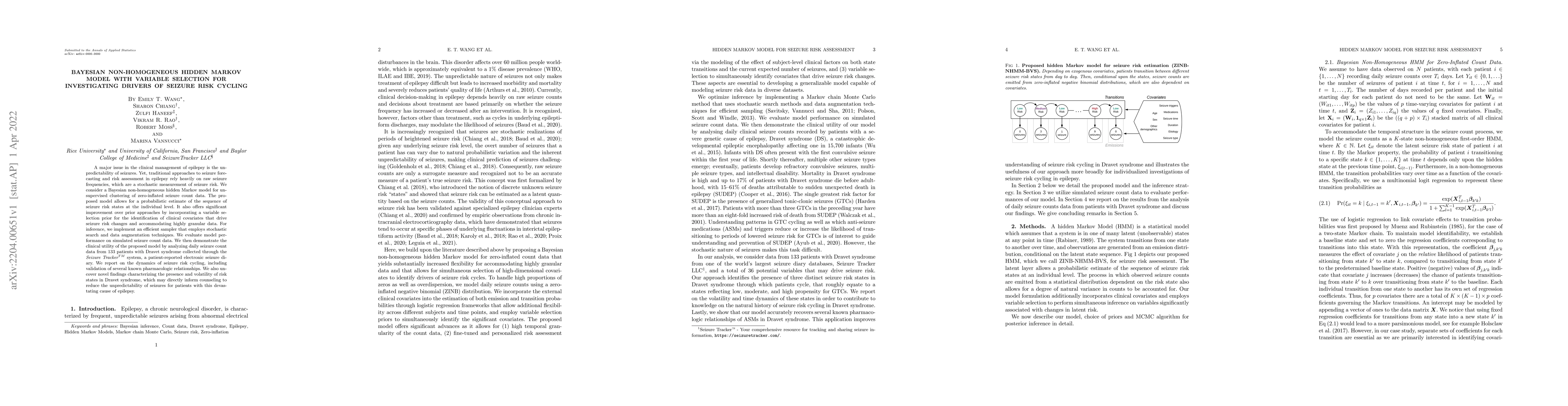 Thumbnail for Bayesian Non-Homogeneous Hidden Markov Model with Variable Selection for
  Investigating Drivers of Seizure Risk Cycling