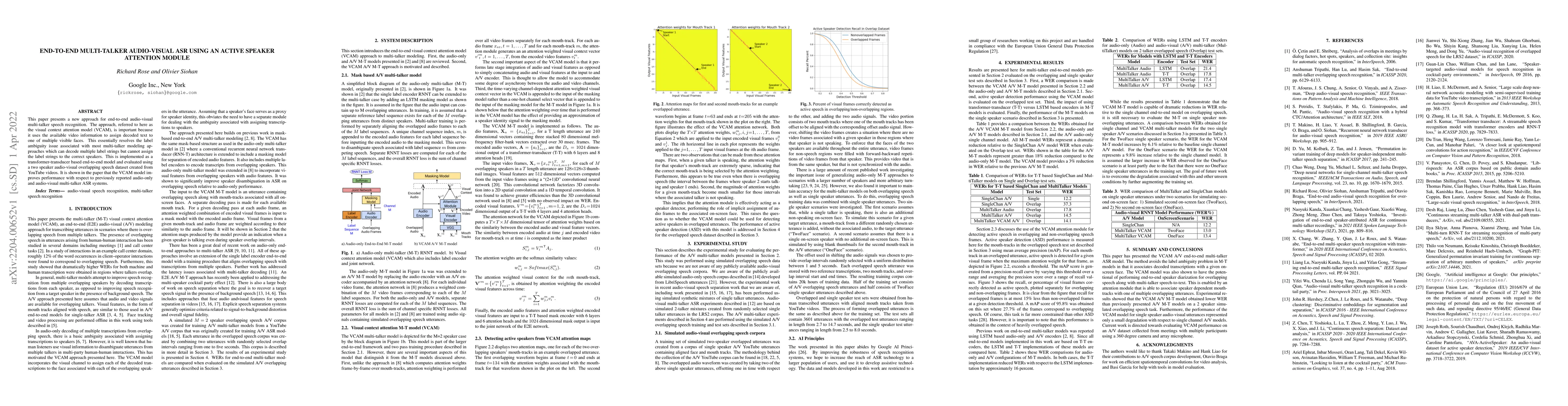 Thumbnail for End-to-end multi-talker audio-visual ASR using an active speaker
  attention module