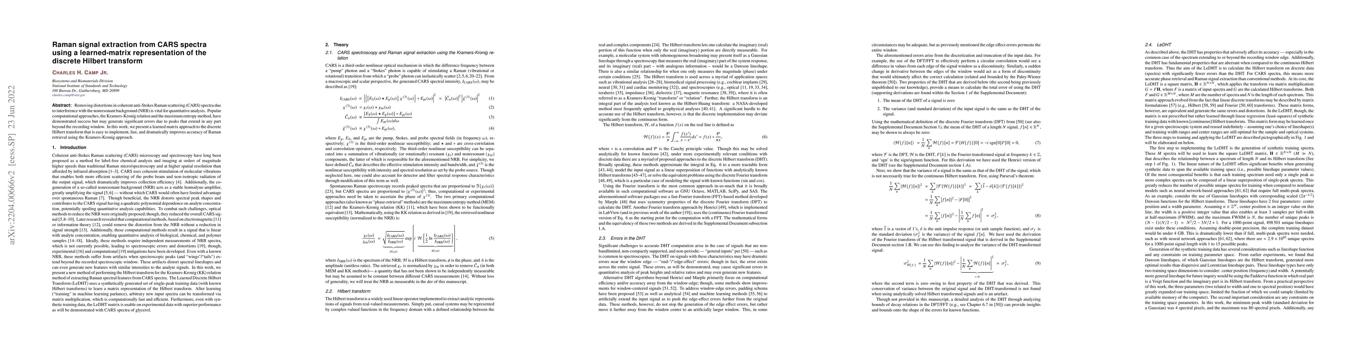 Thumbnail for Raman Signal Extraction from CARS Spectra Using a Learned-Matrix
  Representation of the Discrete Hilbert Transform