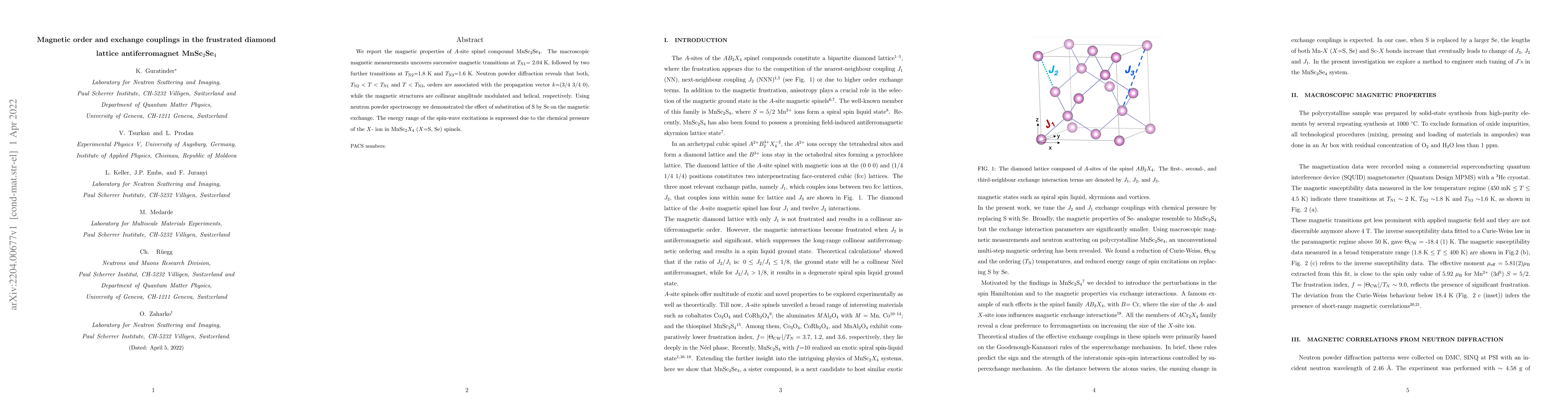 Thumbnail for Magnetic order and exchange couplings in the frustrated diamond lattice
  antiferromagnet MnSc$_2$Se$_4$