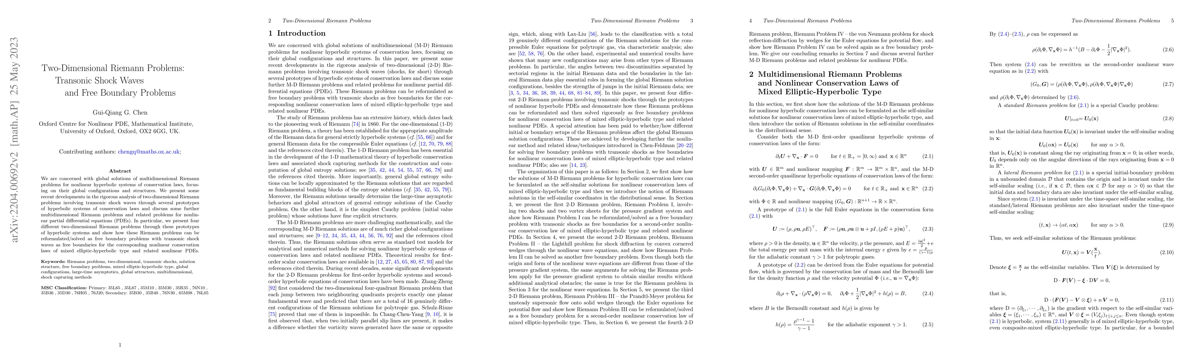 Thumbnail for Two-Dimensional Riemann Problems: Transonic Shock Waves and Free
  Boundary Problems