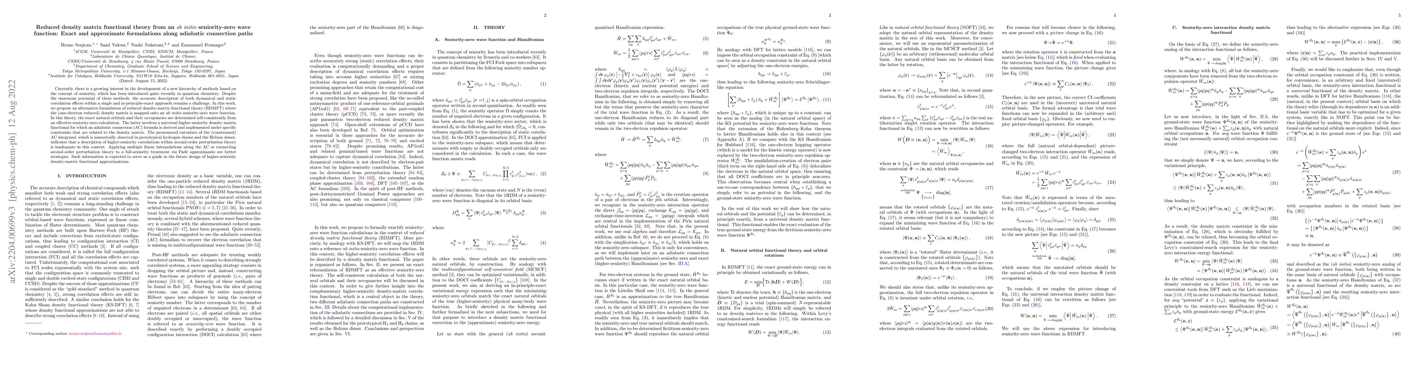 Thumbnail for Reduced density matrix functional theory from an ab initio
  seniority-zero wave function: Exact and approximate formulations along
  adiabatic connection paths