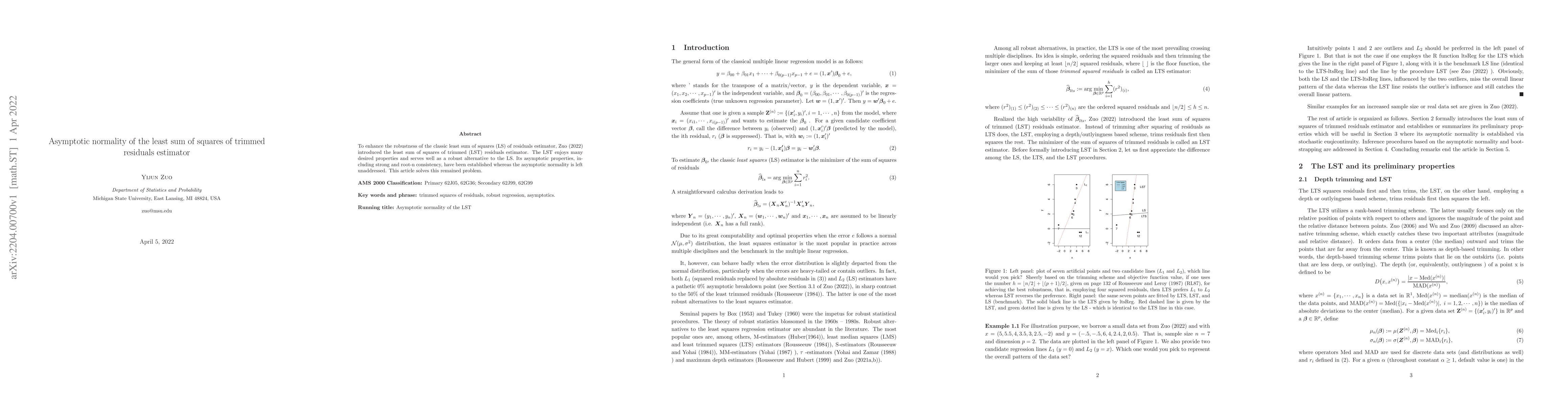 Thumbnail for Asymptotic normality of the least sum of squares of trimmed residuals
  estimator