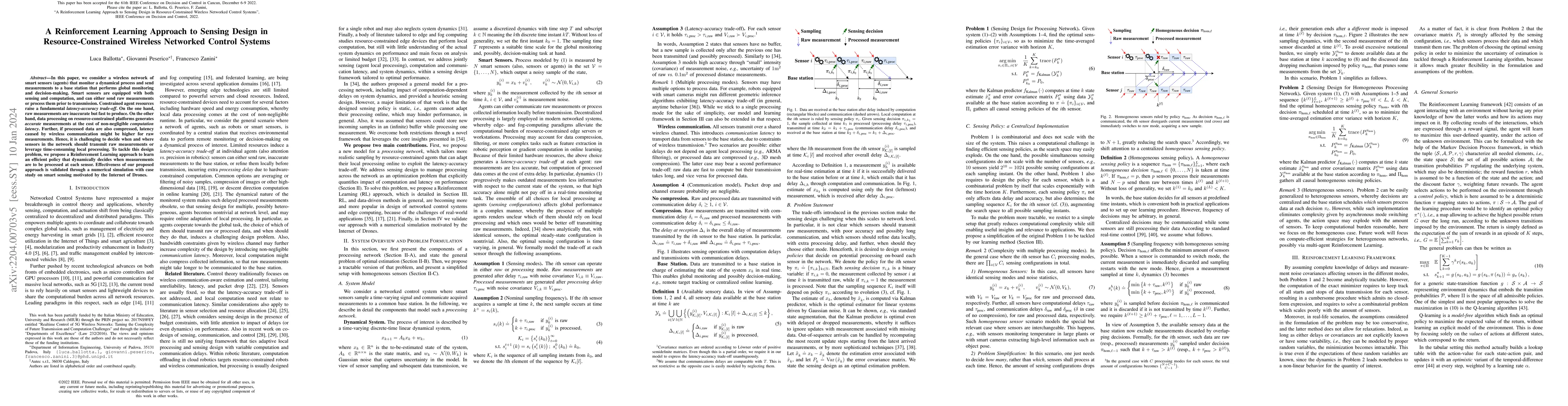 Thumbnail for A Reinforcement Learning Approach to Sensing Design in
  Resource-Constrained Wireless Networked Control Systems