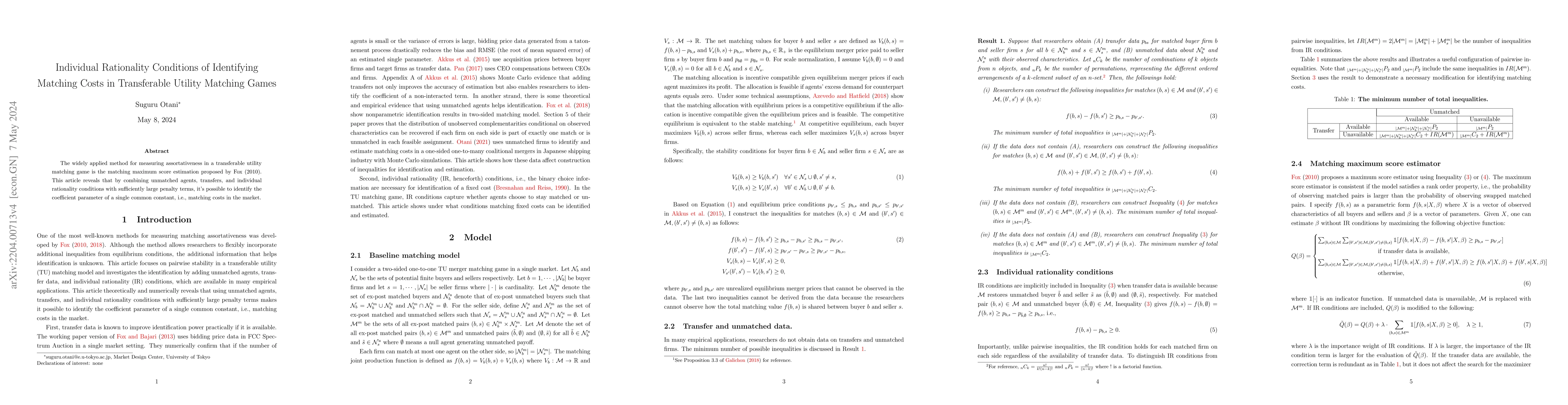 Thumbnail for Individual Rationality Conditions of Identifying Matching Costs in
  Transferable Utility Matching Games