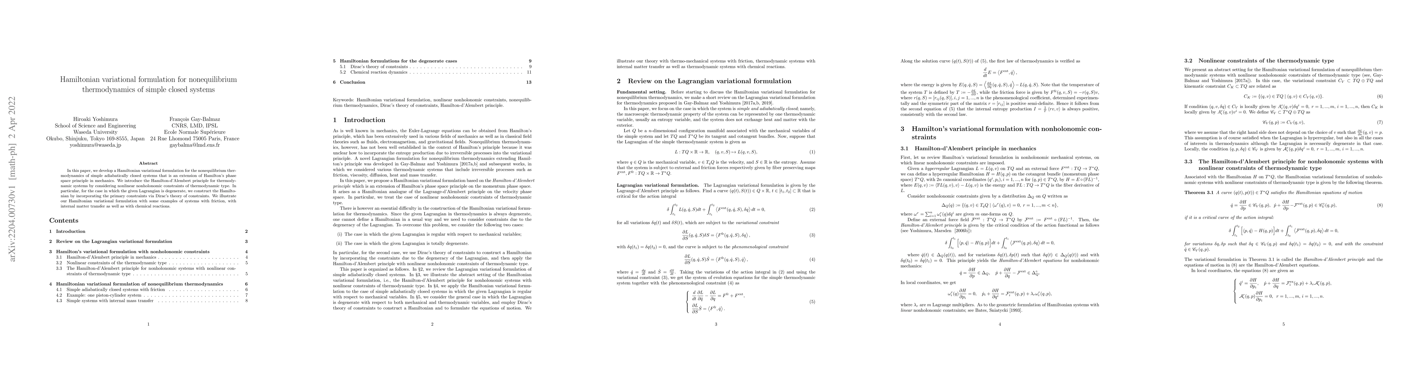 Thumbnail for Hamiltonian variational formulation for nonequilibrium thermodynamics of
  simple closed systems