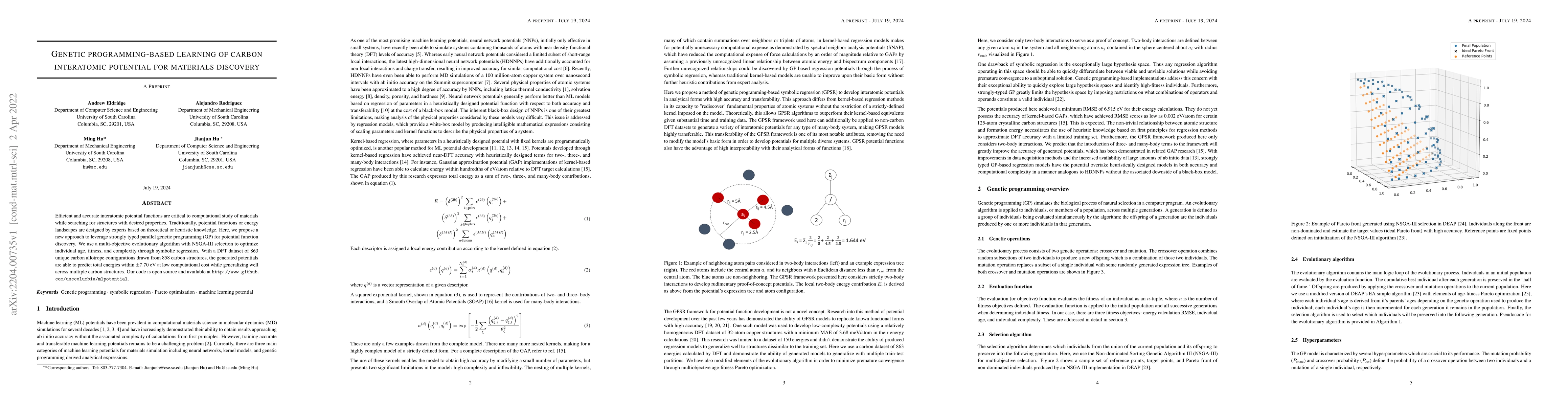 Thumbnail for Genetic programming-based learning of carbon interatomic potential for
  materials discovery