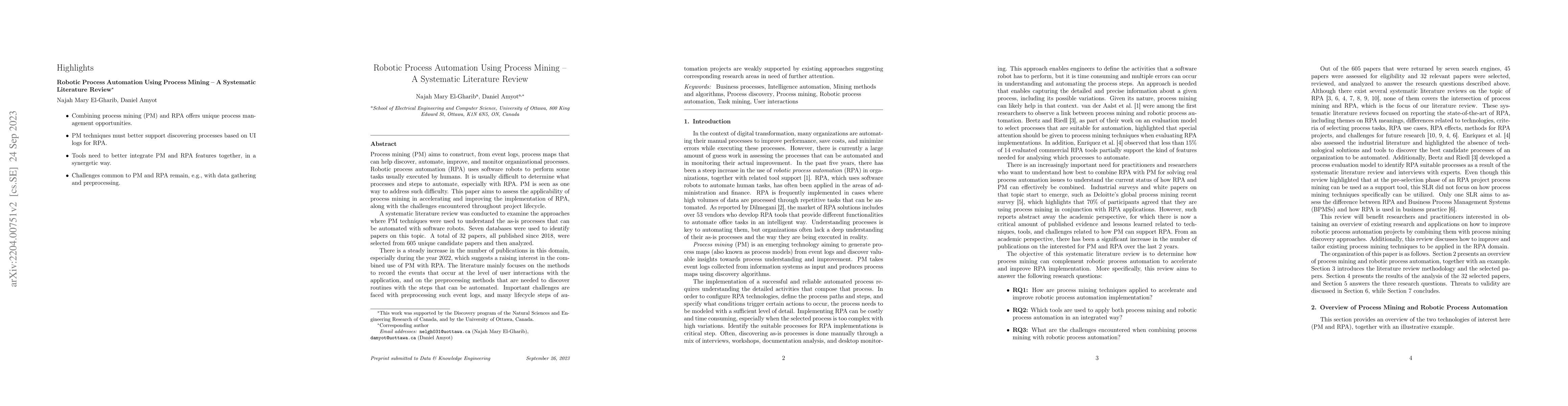 Thumbnail for Robotic Process Automation Using Process Mining $\unicode{x2013}$ A
  Systematic Literature Review