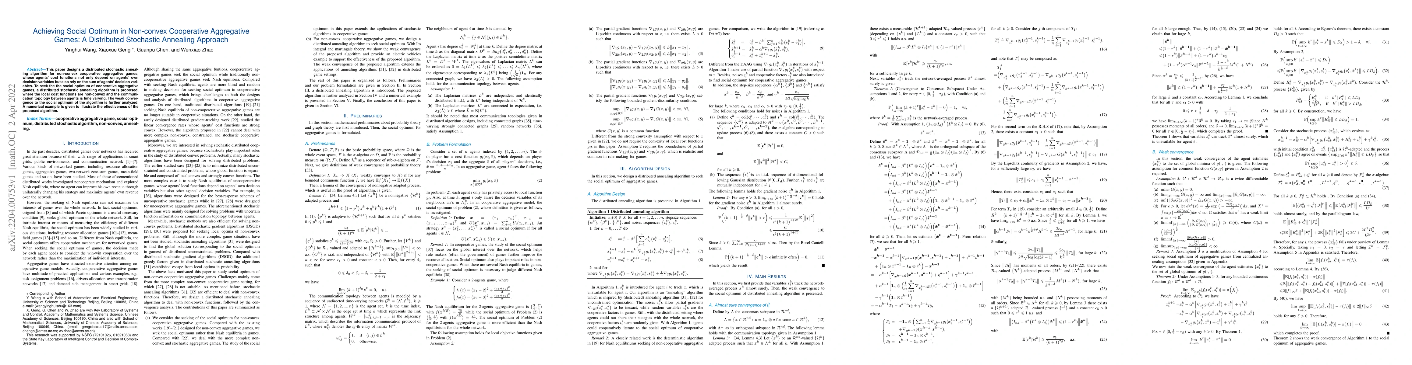 Thumbnail for Achieving Social Optimum in Non-convex Cooperative Aggregative Games: A
  Distributed Stochastic Annealing Approach